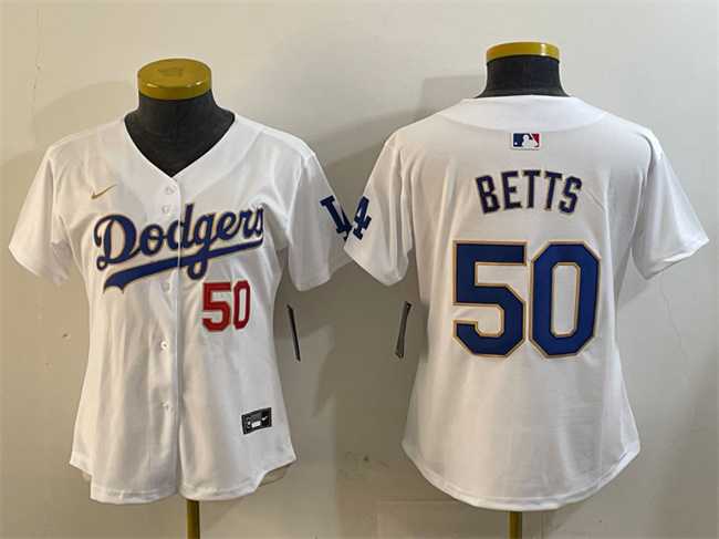 Womens Los Angeles Dodgers #50 Mookie Betts White Gold Home Limited Stitched Jersey